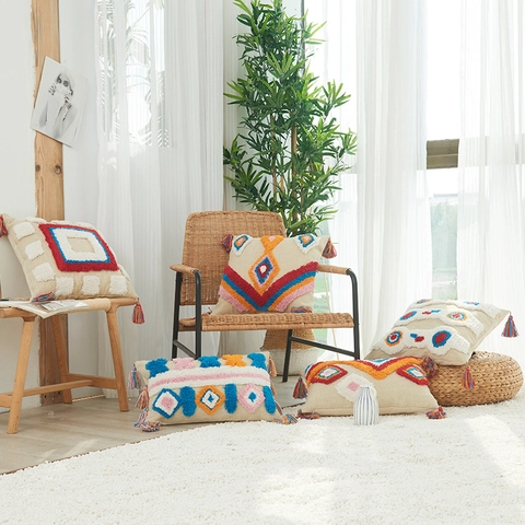 Funda de Cojín Tufted Bohemia de Algodón y Lino Patrón Geométrico Con Borlas Funda de Almohada Decorativa para Sofá Decoración