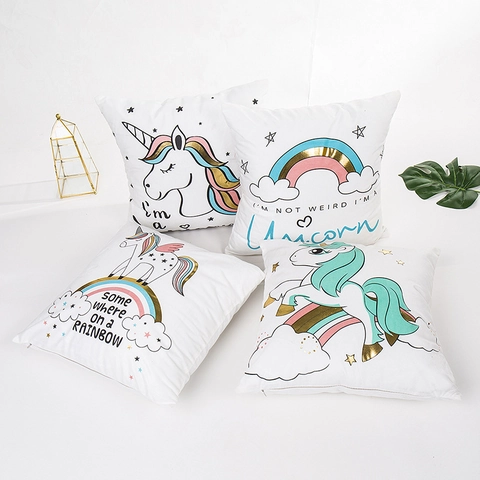 Federa per Cuscino con Unicorno Colorato Bronzato Carino Cartone Animato Arcobaleno Decorativo per Divano Soggiorno