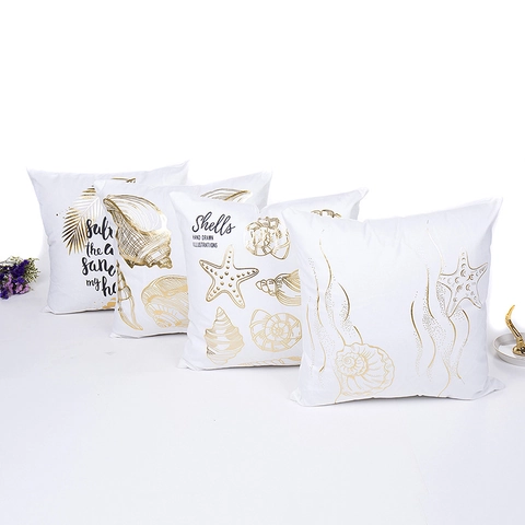 Funda de Almohada de Océano con Lámina Dorada Mediterránea Poliéster Concha Estrella de Mar Patrón Cuadrado Decorativo
