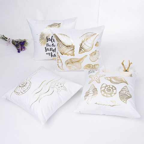 Funda de Almohada de Océano con Lámina Dorada Mediterránea Poliéster Concha Estrella de Mar Patrón Cuadrado Decorativo