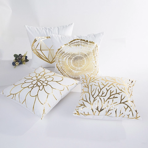 Moderno Minimalista Stampa a Caldo Oro Bianco Peluche Federa Lusso Fiore Ramo Modello Decorativo Copricuscino per Soggiorno Divano Casa Arredo