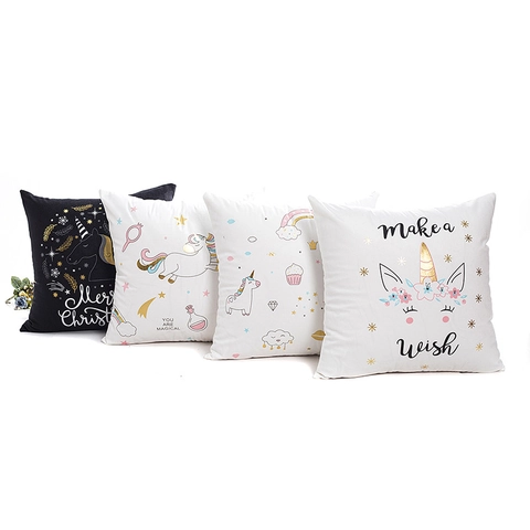 Goudfolie Eenhoorn Kerst Kussensloop Polyester Vierkante Kussenhoes Voor Woondecoratie Woonkamer Bank Cadeau