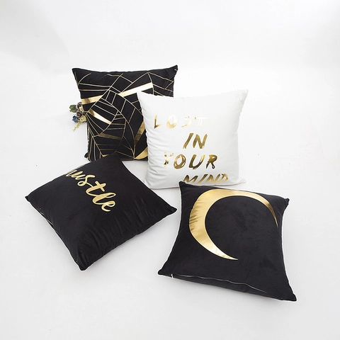 Fodera per Cuscino Moderna Bronzata in Lamina d'Oro Minimalista con Motivo Geometrico Luna Lettera Copricuscino per Divano