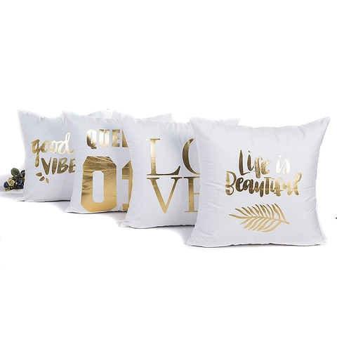 Fodera per Cuscino in Peluche Bianco Moderno Minimalista Stampa di Lettere in Lamina d'Oro Federa Decorativa per Divano