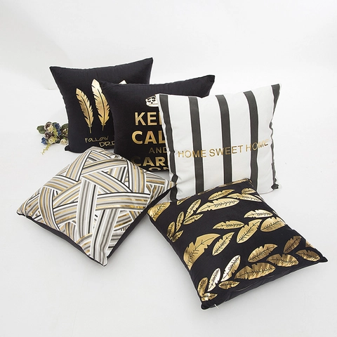 Federa Decorativa con Stampa a Caldo Oro Motivo Geometrico Piuma Fodera per Cuscino Quadrata Decorazione Casa Moderna Per Divano Letto