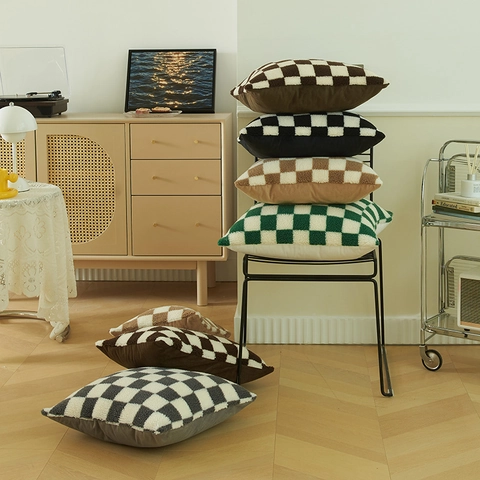 Fodera per Cuscino in Peluche a Scacchiera Moderna in Lana di Agnello Sherpa Geometrica Federa per Cuscino Decorativo Casa