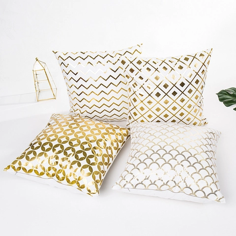 Funda de Almohada Geométrica Moderna con Lámina Dorada Funda de Cojín de Poliéster Blanco Lujo Patrón de Onda Rombo Decor
