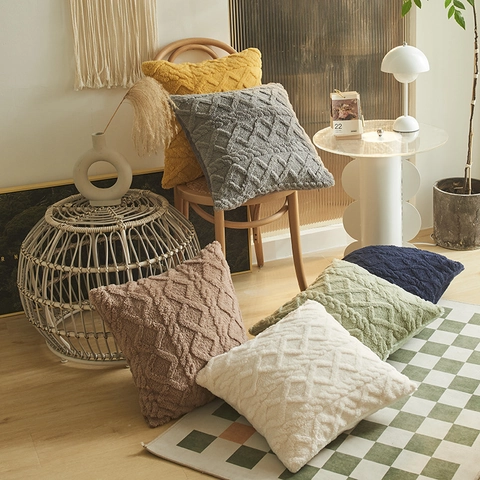 Federa per Cuscino in Peluche Jacquard Minimalista Moderno Motivo Geometrico a Rombi Fodera per Cuscino per Divano Casa