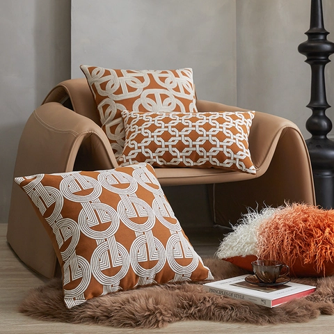 Federa Geometrica in Jacquard ad Alta Densità Minimalista Moderna Lussuosa Fodera per Cuscino Arancione per Divano Soggiorno