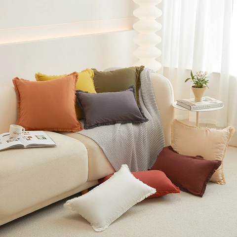 Moderner Minimalistischer Kissenbezug Aus Gewaschener Baumwolle Mit Fransenkante Dekorativer Einfarbiger Kissenbezug Für Sofa Wohnzimmer Heimdekor