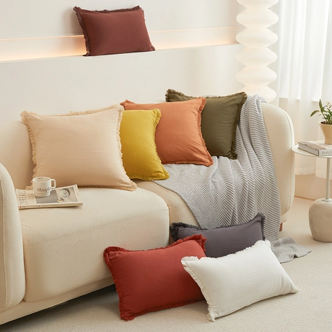 Moderner Minimalistischer Kissenbezug Aus Gewaschener Baumwolle Mit Fransenkante Dekorativer Einfarbiger Kissenbezug Für Sofa Wohnzimmer Heimdekor