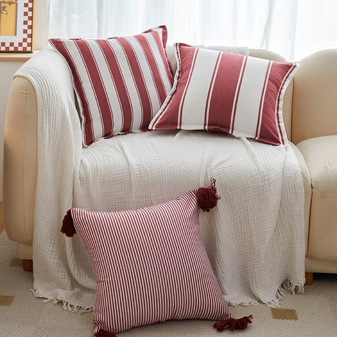Moderne Rood-Wit Gestreepte Polyester Katoenen Kussensloop Decoratieve Sierkussenhoes Met Kwastjes Voor Bank Woonkamer Interieur