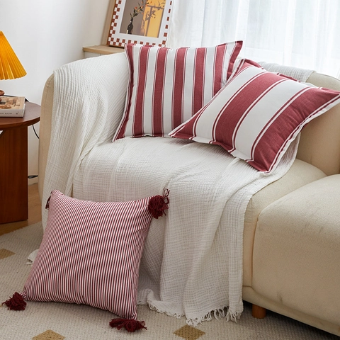 Moderne Rood-Wit Gestreepte Polyester Katoenen Kussensloop Decoratieve Sierkussenhoes Met Kwastjes Voor Bank Woonkamer Interieur