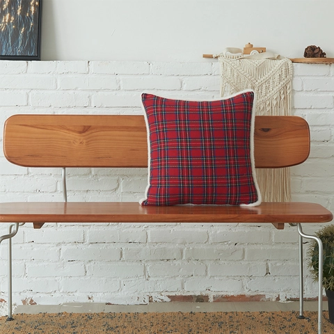 Kerst Ruit Kussensloop Met Witte Imitatie Lamsvacht Bies Zachte Katoenen Tartan Kussenhoes Voor Bank Vakantie Decoratie