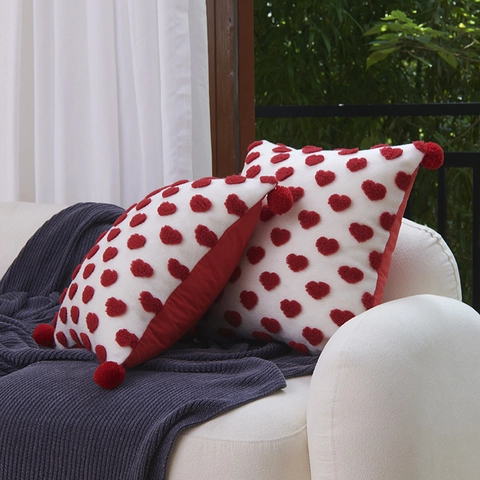 Plush Red Heart 3D Tufted Pillow Cover With Pompoms Romantic Modern Cushion Case For Sofa Home Decor Valentine Gift