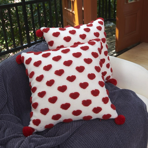 Plush Red Heart 3D Tufted Pillow Cover With Pompoms Romantic Modern Cushion Case For Sofa Home Decor Valentine Gift