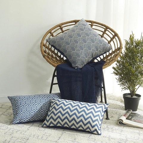 Federa per Cuscino Jacquard Geometrico Blu Bianco Misto Cotone Poliestere Stile Cinese Porcellana Cuscino Divano Decorativo