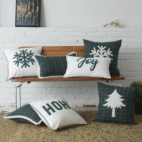 Christmas Throw Pillow Cover Green Plaid Joy HOHO Embroidery Decorative Cushion Case For Sofa Home Party Holiday Decor