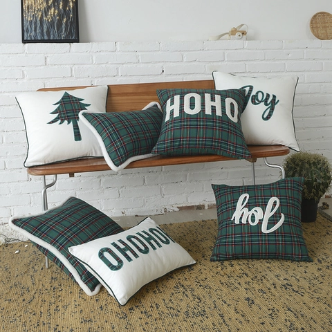 Christmas Throw Pillow Cover Green Plaid Joy HOHO Embroidery Decorative Cushion Case For Sofa Home Party Holiday Decor