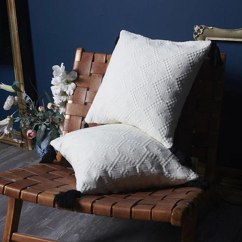 Katoen Canvas Geometrische Diamant Gewatteerde Kussenhoes Met Zwarte Kwastjes Modern Minimalistisch Decoratieve Vierkante Kussensloop Voor Thuis