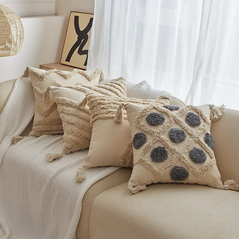 Bohemian Tufted Tassel Pillow Cover Modern Minimalist Cotton Canvas Geometric Cushion Case Decorative For Sofa Home Living Room