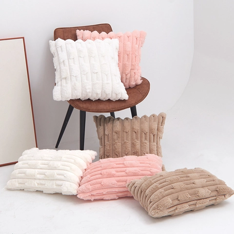 Fodera per Cuscino Decorativa Trapuntata a Spiga di Grano in Finta Pelliccia di Coniglio Moderna Nordica Morbida Custodia per Cuscino in Peluche a Strisce 3D per Divano