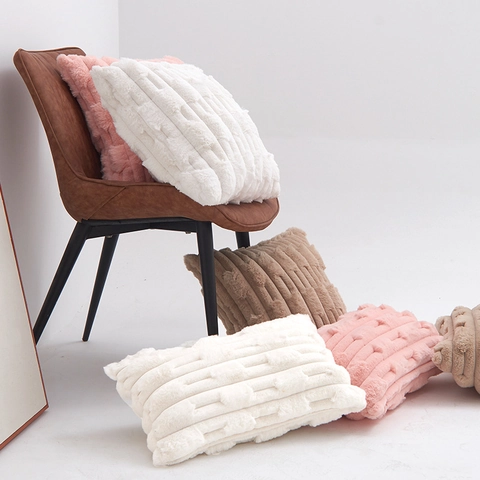 Fodera per Cuscino Decorativa Trapuntata a Spiga di Grano in Finta Pelliccia di Coniglio Moderna Nordica Morbida Custodia per Cuscino in Peluche a Strisce 3D per Divano