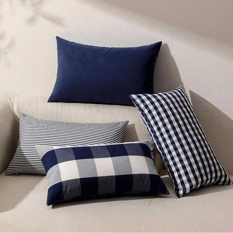Modern Plaid Throw Pillow Cover Polyester Cotton Navy Blue Decorative Cushion Case Striped Solid Pattern For Sofa Bed Home