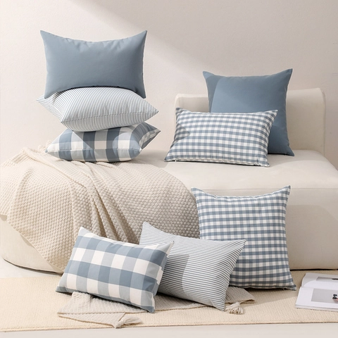 Taie d'Oreiller Décorative en Polyester Minimaliste Moderne Bleu Brume Rayée Plaid Carrée Rectangulaire Housse de Coussin Décoration Maison