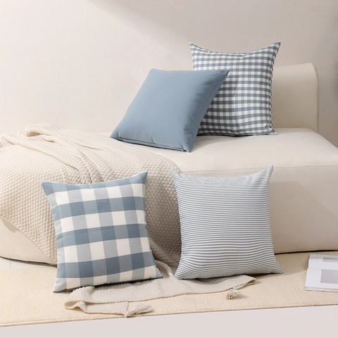 Taie d'Oreiller Décorative en Polyester Minimaliste Moderne Bleu Brume Rayée Plaid Carrée Rectangulaire Housse de Coussin Décoration Maison