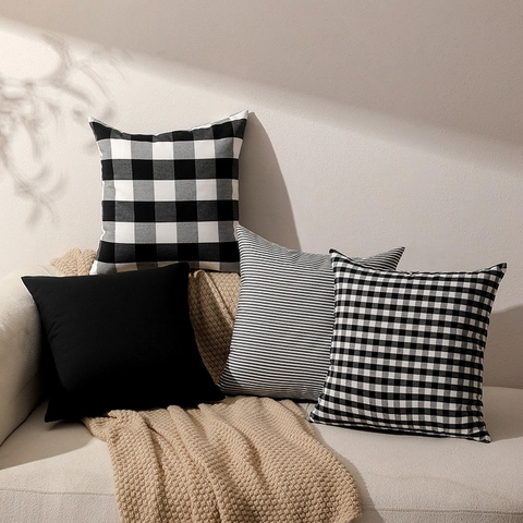 Federa per Cuscino Moderna a Scacchi Bianchi E Neri in Poliestere a Righe Buffalo Plaid per Divano Arredamento Minimalista Casa