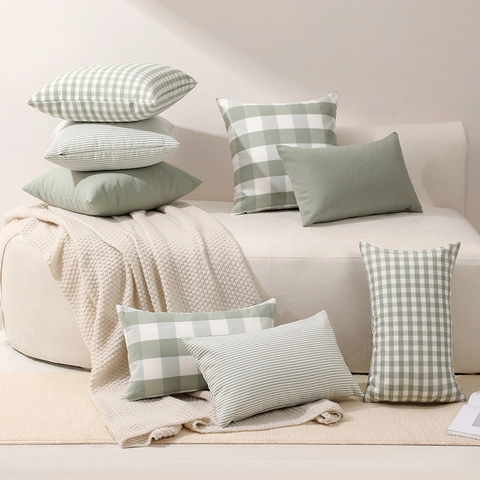 Taie d'Oreiller Moderne en Toile de Coton Polyester Vert Sauge à Carreaux Rayée Couleur Unie Décorative Pour Canapé Maison Salon
