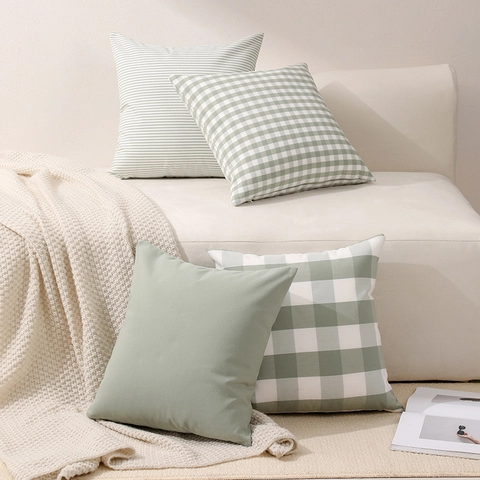 Taie d'Oreiller Moderne en Toile de Coton Polyester Vert Sauge à Carreaux Rayée Couleur Unie Décorative Pour Canapé Maison Salon