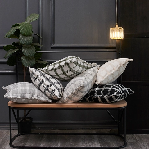 Modern Plaid Checkered Cushion Cover Polyester Cotton Fringed Decorative Pillowcase For Sofa Living Room Bedroom Throw Pillow Case