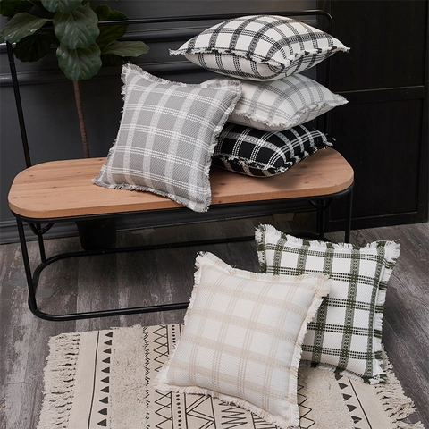 Modern Plaid Checkered Cushion Cover Polyester Cotton Fringed Decorative Pillowcase For Sofa Living Room Bedroom Throw Pillow Case