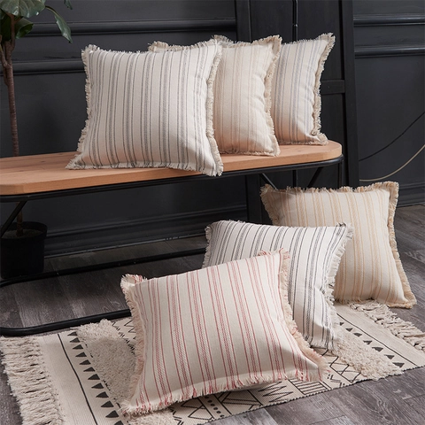 Modern Striped Tassel Cushion Cover Polyester Cotton Yarn Dyed Jacquard Decorative Pillowcase For Sofa Living Room Bedroom