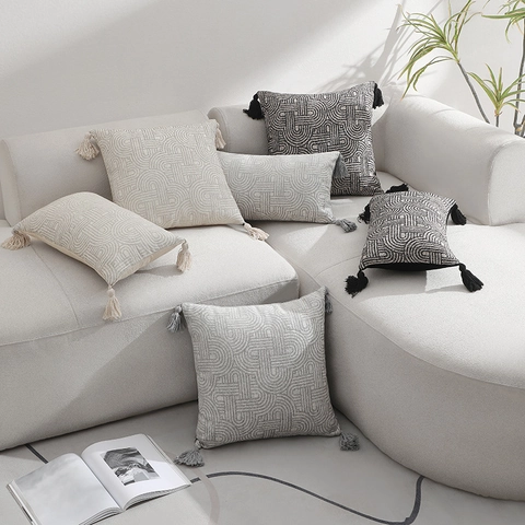 Geometric Minimalist Jacquard Cushion Cover With Tassels Holland Velvet Modern Throw Pillowcase For Sofa Couch Home Decor