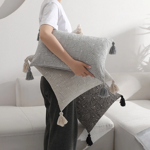 Geometric Minimalist Jacquard Cushion Cover With Tassels Holland Velvet Modern Throw Pillowcase For Sofa Couch Home Decor