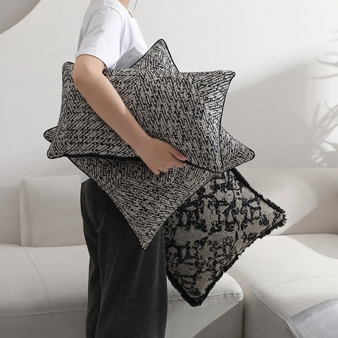 Vintage Jacquard Throw Pillow Cover Cotton Polyester Blend Fringed Edges Geometric Pattern Decorative Cushion Case For Sofa Home Decor