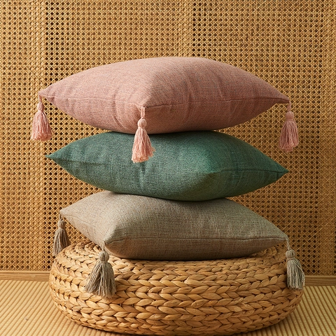 Japanese Style Solid Color Cotton Linen Pillowcase With Tassels Bohemian Decorative Cushion Cover For Sofa Home Decor