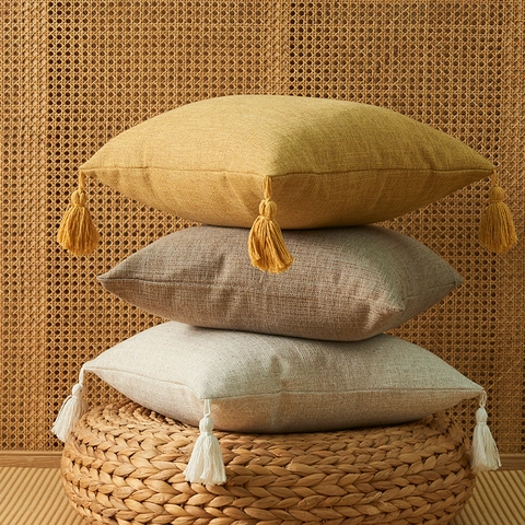 Taie d'Oreiller à Glands en Coton et Lin de Couleur Unie Style Japonais Housse de Coussin de Canapé Minimaliste Moderne
