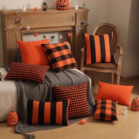 Διακοσμητική Μαξιλαροθήκη Halloween Πολυεστέρα Πορτοκαλί Μαύρο Καρό Ριγέ Κάλυμμα Μαξιλαριού για Καναπέ Καθιστικό