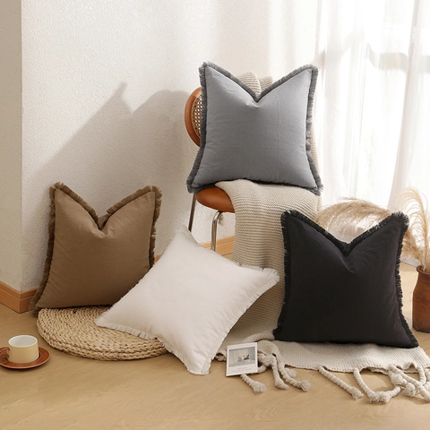 Funda de Almohada de Algodón Lavado Bohemio con Borlas Color Sólido Moderno Lujo Ligero Funda de Cojín para Sofá Hogar Decoración