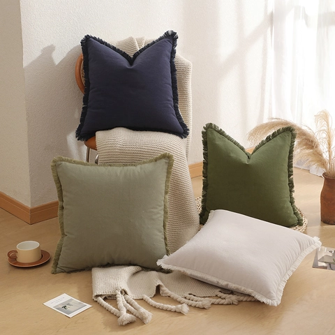 Funda de Almohada de Algodón Lavado Bohemio con Borlas Color Sólido Moderno Lujo Ligero Funda de Cojín para Sofá Hogar Decoración