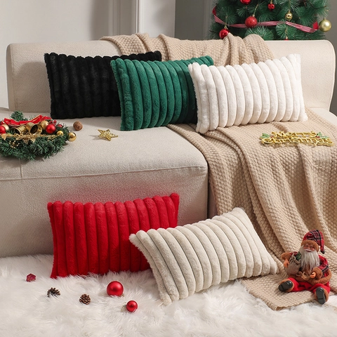 Pluche Gestreepte Kussensloop Zachte Ribtextuur Kussenhoes Voor Kerstmis Halloween Thuis Sofa Decor Effen Kleur Kussensloop