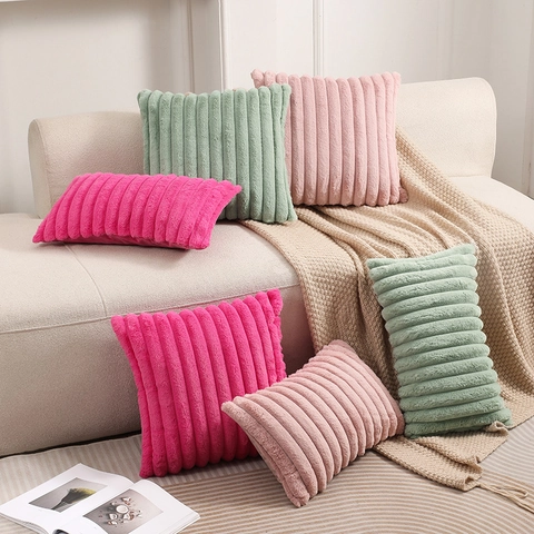 Pluche Gestreepte Kussensloop Zachte Ribtextuur Kussenhoes Voor Kerstmis Halloween Thuis Sofa Decor Effen Kleur Kussensloop