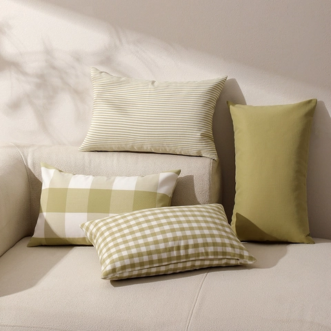 Grasgroen Sofa Kussensloop Gingham Gestreepte Effen Kleur Polyester Canvas Garen Geverfd Decoratieve Kussenhoes Thuis
