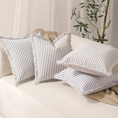 Moderner Minimalistischer Baumwollmischgewebe Gestreifter Kissenbezug Mit Fransenkanten Verdeckter Reißverschluss Für Sofa Wohnzimmer Deko Kissenhülle