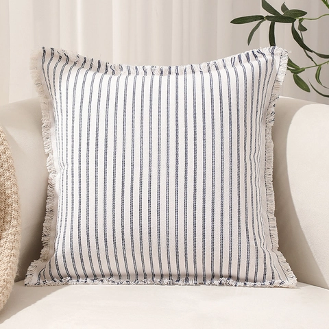 Moderner Minimalistischer Baumwollmischgewebe Gestreifter Kissenbezug Mit Fransenkanten Verdeckter Reißverschluss Für Sofa Wohnzimmer Deko Kissenhülle
