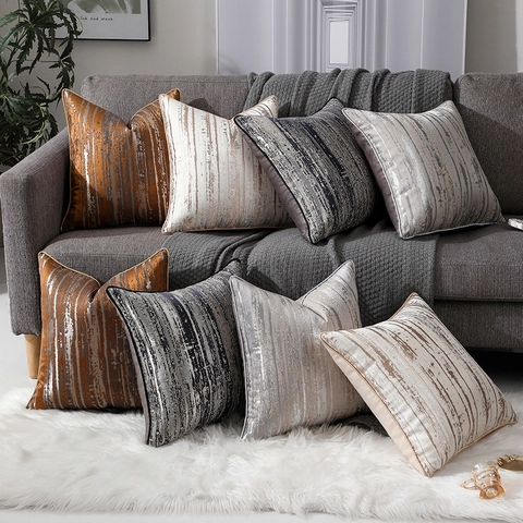 Taie d'Oreiller Décorative à Rayures Abstraites Texture Métallique en Polyester Housse de Coussin pour Canapé Salon Chambre Lit Décoration Maison Style Luxe Léger Vintage Carré